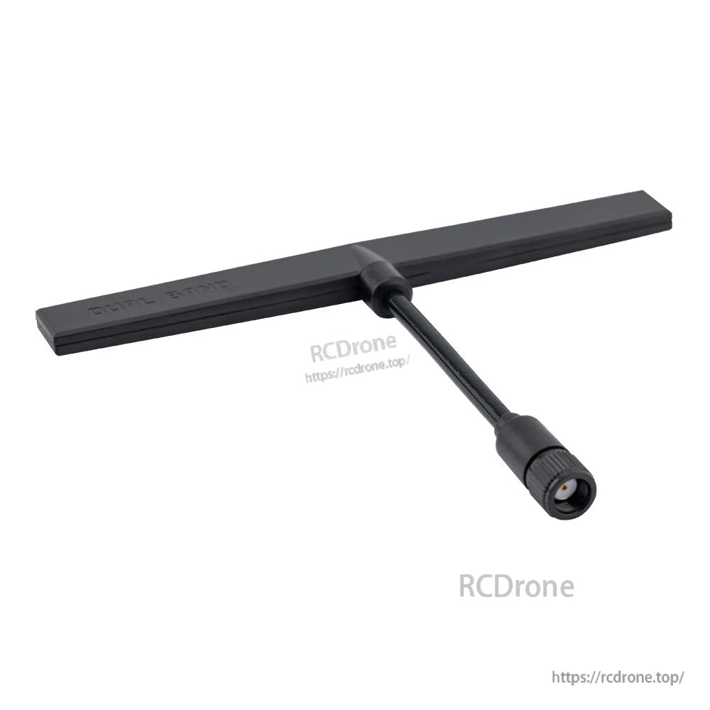 Angled view of RadioMaster 2.4GHz/900MHz T antenna showing crossbar and RP-SMA plug