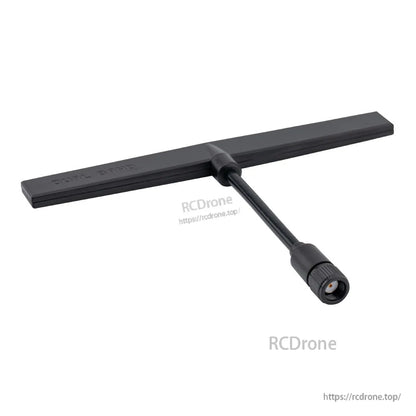 Angled view of RadioMaster 2.4GHz/900MHz T antenna showing crossbar and RP-SMA plug