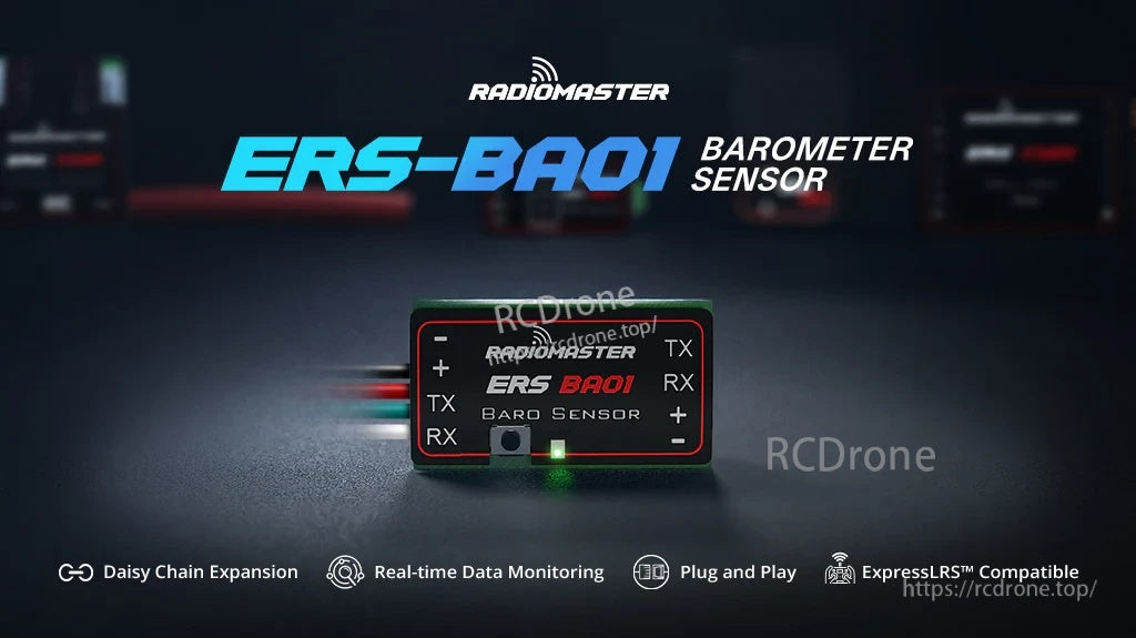 RadioMaster ERS-BA01 barometer sensor module for ExpressLRS PWM receivers, front label with TX/RX pads