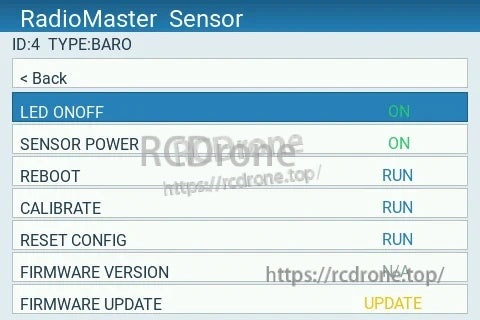 RadioMaster Sensor Configurator page for BARO sensor with options for LED, calibrate, reset config, and firmware update