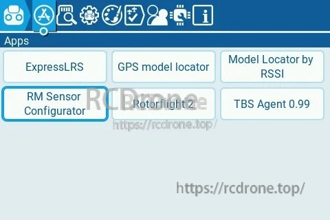 EdgeTX Apps menu highlighting the RM Sensor Configurator option for setting up RadioMaster ERS sensors