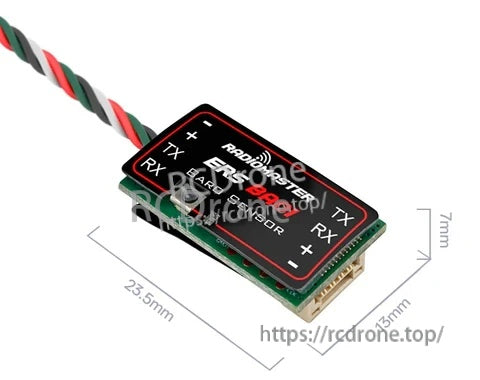 Close-up of ERS-BA01 barometer sensor showing compact PCB size dimensions (23.5 × 13 × 7 mm) and wiring lead