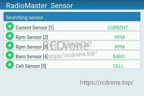 RadioMaster Sensor screen listing detected telemetry modules including BARO (barometer) sensor entry