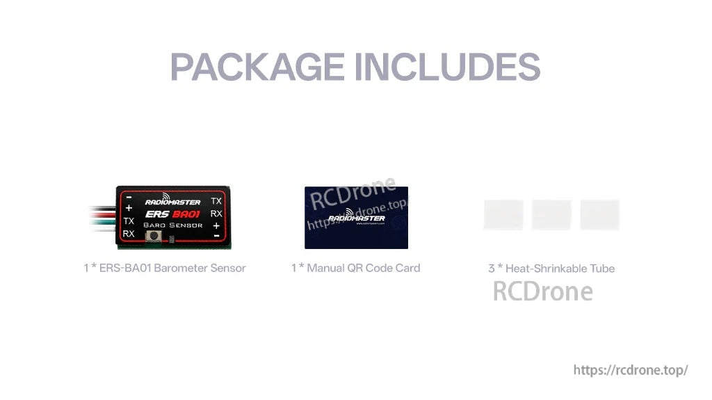 Package contents for ERS-BA01: barometer sensor module, manual QR code card, and three heat-shrink tubes