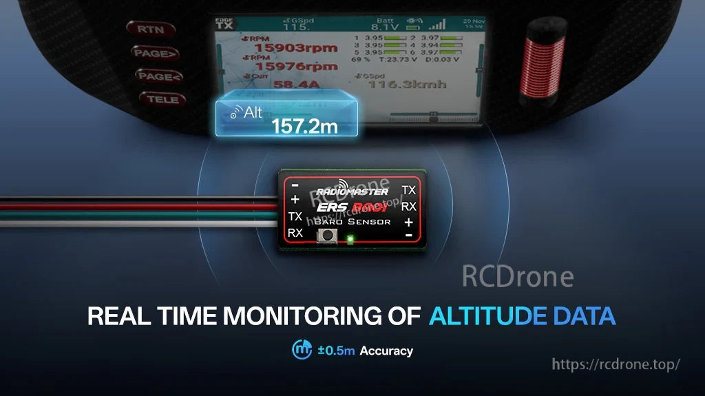 Altitude telemetry example on EdgeTX radio display with ERS-BA01 barometer sensor connected for real-time altitude data