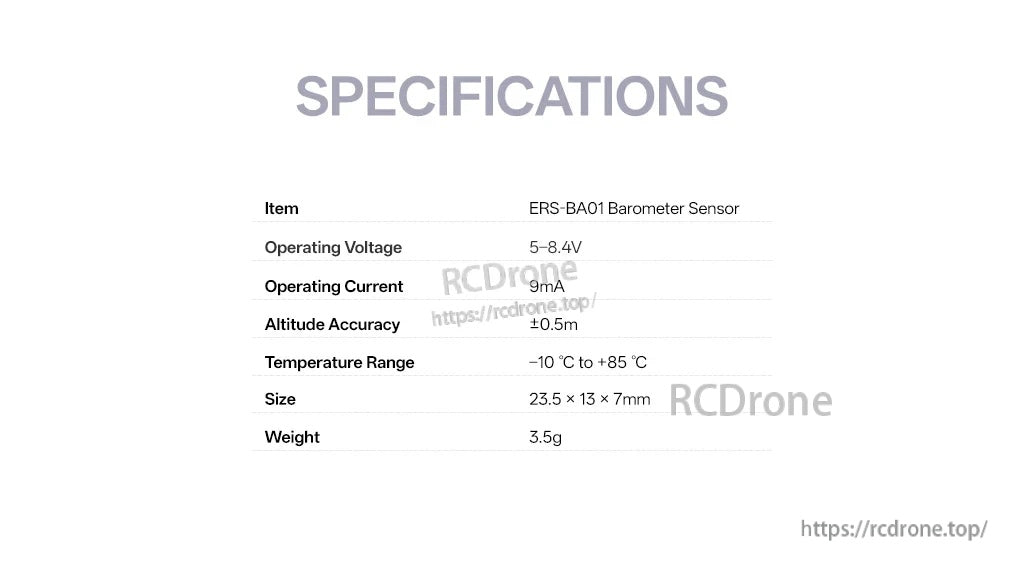ERS-BA01 barometer sensor specifications table showing 5–8.4 V input, 9 mA current, ±0.5 m accuracy, 3.5 g weight