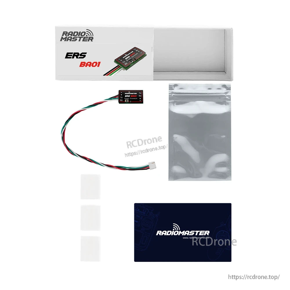 RadioMaster ERS-BA01 barometer sensor package contents with box, wired module, bag, pads, and card