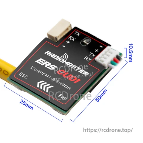 RadioMaster ERS-CU01 current sensor board with TX/RX connector and labeled 30×25×10.5 mm dimensions