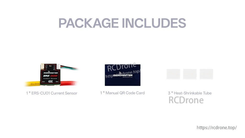 Package contents: ERS-CU01 current sensor, manual QR code card, and heat-shrink tubing