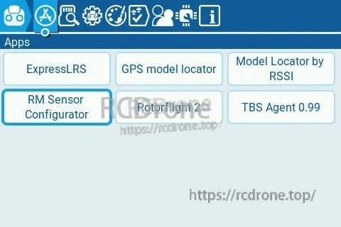 EdgeTX Tools menu highlighting RM Sensor Configurator app for RadioMaster ERS sensor setup