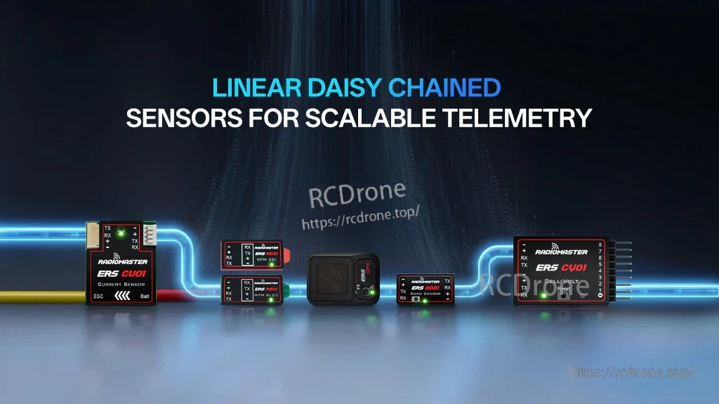 ERS sensor family linear daisy-chain layout with pass-through in/out ports for expanding telemetry modules