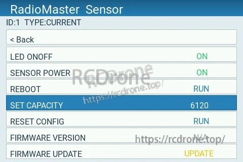 RadioMaster current sensor settings page with options for LED, sensor power, capacity setting and firmware update