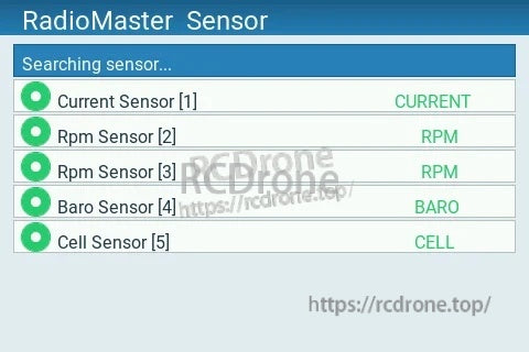 RadioMaster Sensor list screen with Current, RPM, Baro and Cell sensors available for telemetry selection