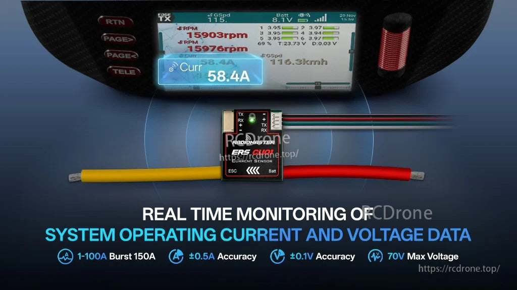 EdgeTX telemetry example reading 58.4A with ERS-CU01 measuring real-time current and voltage during operation