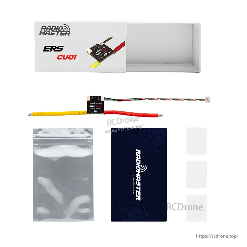 Package contents: RadioMaster ERS-CU01 sensor, retail box, manual, zip bag, and adhesive pads