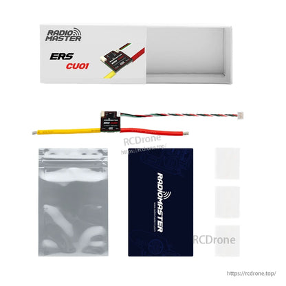 Package contents: RadioMaster ERS-CU01 sensor, retail box, manual, zip bag, and adhesive pads