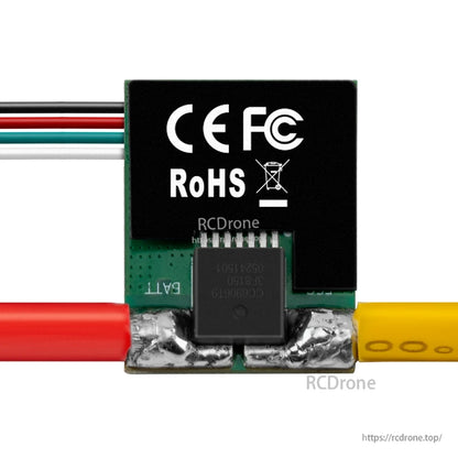 Back side of ERS-CU01 current sensor with CE, FCC and RoHS markings and soldered power shunt