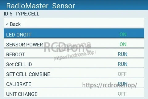 RadioMaster Sensor Configurator menu with LED, sensor power, reboot, cell ID, calibrate and unit options