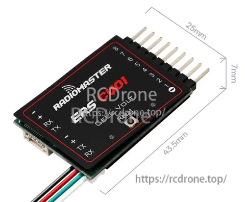 RadioMaster ERS-CV01 module close-up with labeled dimensions (43.5 × 25 × 7 mm) and balance lead