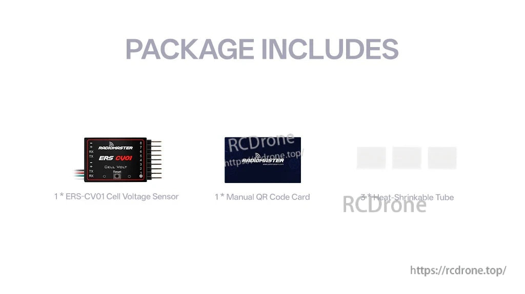 Package contents listing ERS-CV01 cell voltage sensor, manual QR code card, and heat-shrink tube