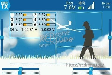 EdgeTX Cells Values widget displaying individual cell voltages and pack voltage on the radio screen