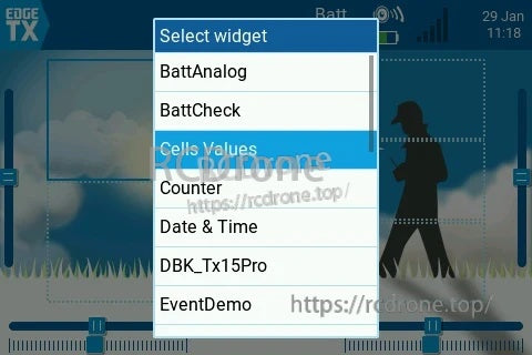 EdgeTX widget selection list highlighting Cells Values widget for cell-by-cell voltage display