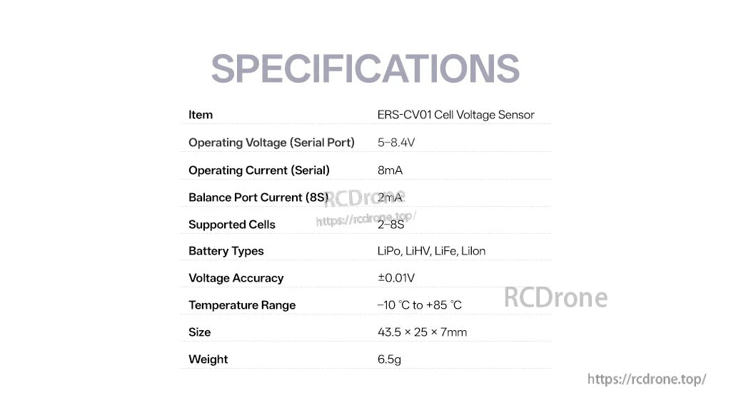 ERS-CV01 specifications table listing voltage range, current draw, supported cells, accuracy, size and weight