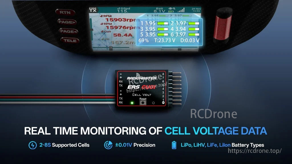 RadioMaster ERS-CV01 Cell Voltage Sensor with real-time cell voltage telemetry on an EdgeTX radio display