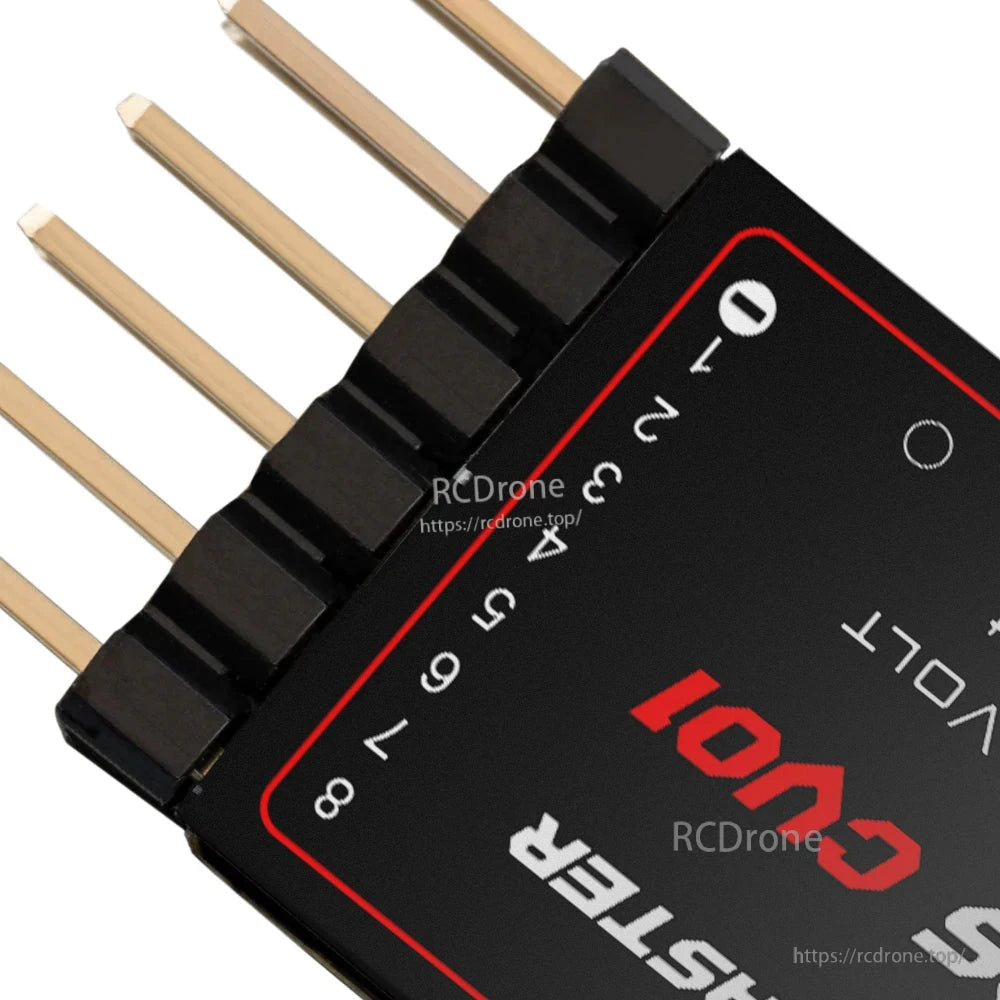 Close-up of ERS-CV01 header pins with numbered cell inputs 0–8 on the top edge