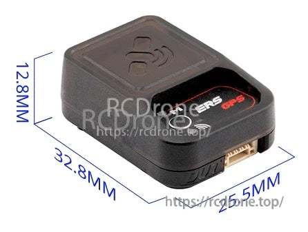 ERS-GPS module close-up with dimensions and CRSF connector port location (32.8×25.5×12.8 mm)