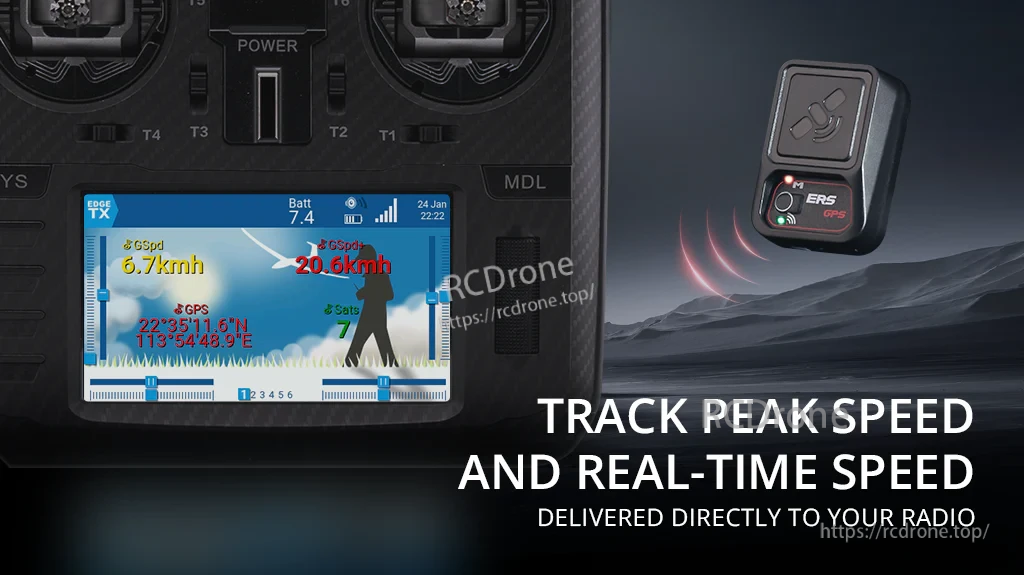 Radio screen displaying ERS-GPS ground speed telemetry with real-time and peak speed values
