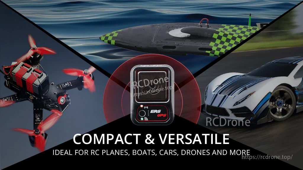ERS-GPS compact telemetry sensor used across RC planes, boats, cars and drones