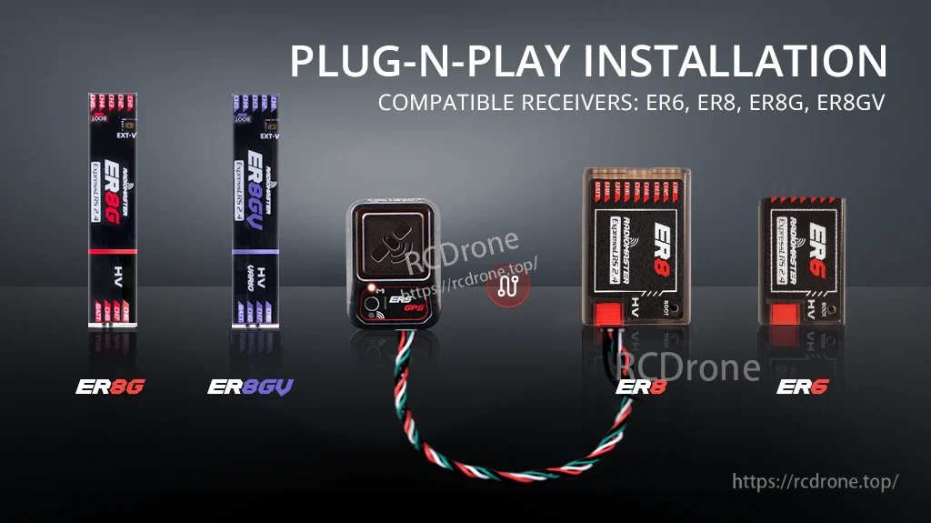 Plug-and-play ERS-GPS connection to compatible ER6, ER8, ER8G and ER8GV ExpressLRS PWM receivers via CRSF