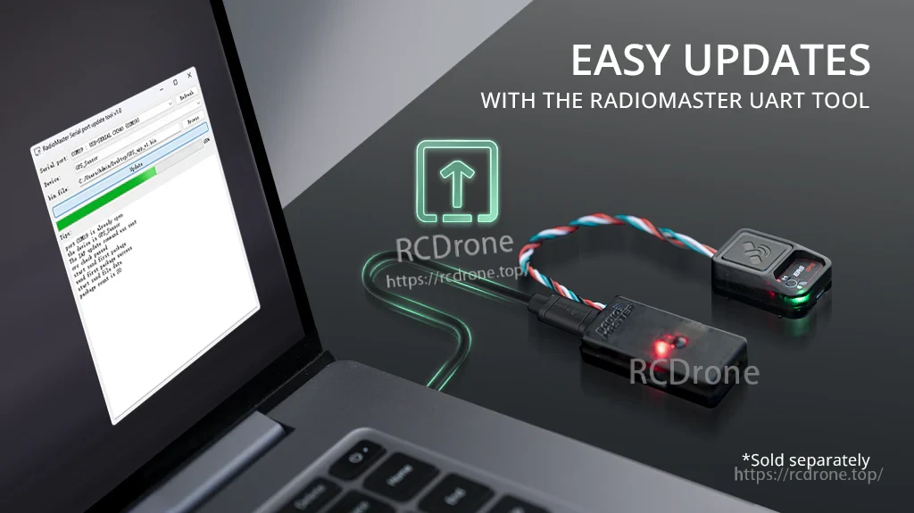 RadioMaster UART tool updating the ERS-GPS sensor firmware via wired connection (UART tool sold separately)