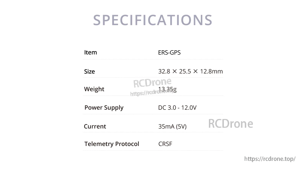 ERS-GPS specifications table listing size 32.8×25.5×12.8 mm, weight 13.35 g, 3.0–12.0 V, CRSF