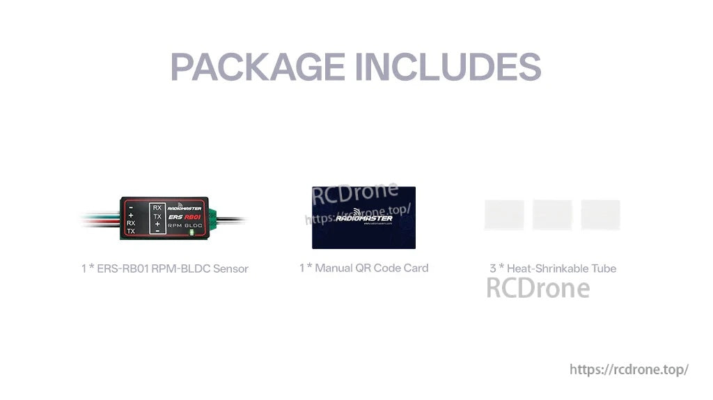Package contents for ERS-RB01: RPM-BLDC sensor, manual QR code card, and heat-shrink tubing (3 pcs)
