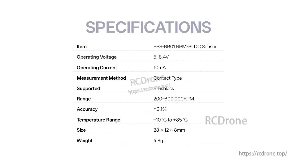 RadioMaster ERS-RB01 specifications table with voltage, current, RPM range, accuracy, size, and weight