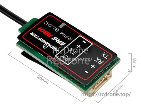 Close-up of ERS-RB01 RPM-BLDC sensor showing compact 28×12×8 mm size and connector layout