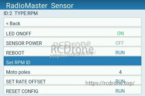 RadioMaster Sensor Configurator screen highlighting Set RPM ID option for multiple RPM-BLDC sensors