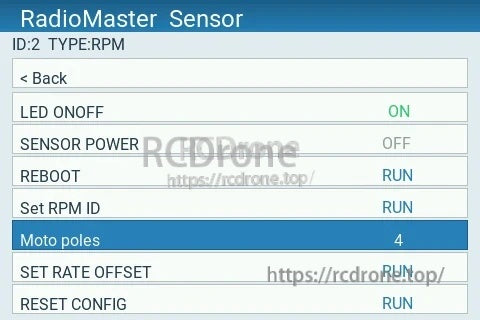 EdgeTX RadioMaster Sensor Configurator menu for RPM sensor settings, including motor poles and RPM ID