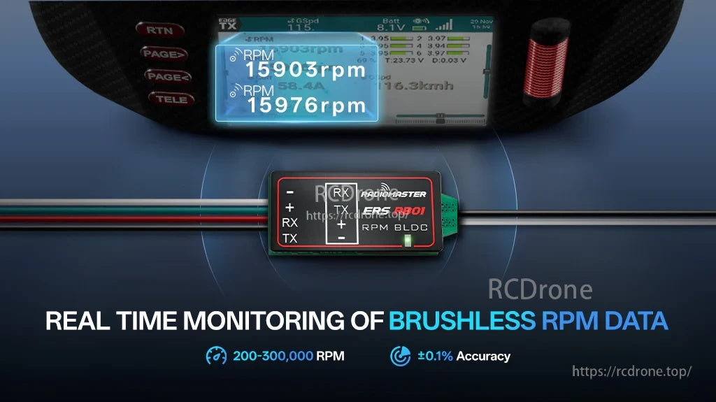 ERS-RB01 connected for real-time brushless RPM telemetry displayed on an EdgeTX radio screen