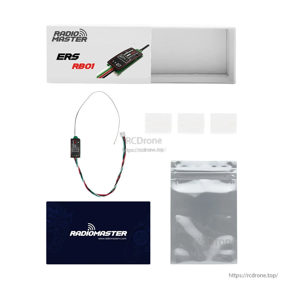 RadioMaster ERS RB01 package contents with retail box, RPM-BLDC sensor module, and accessory bag