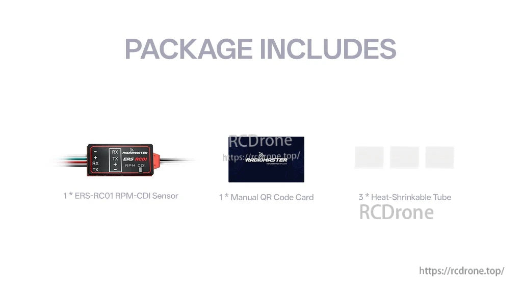 Package contents for ERS-RC01: RPM-CDI sensor, manual QR code card, and heat-shrink tubes