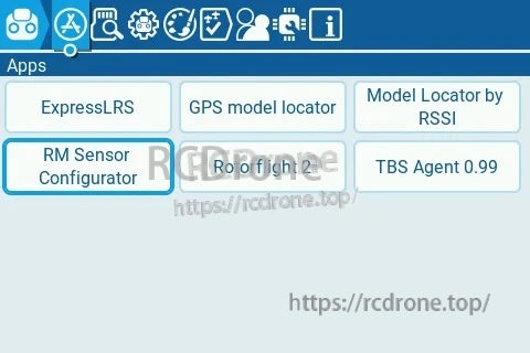 EdgeTX Apps menu showing RM Sensor Configurator tool for setting up RadioMaster ERS sensors