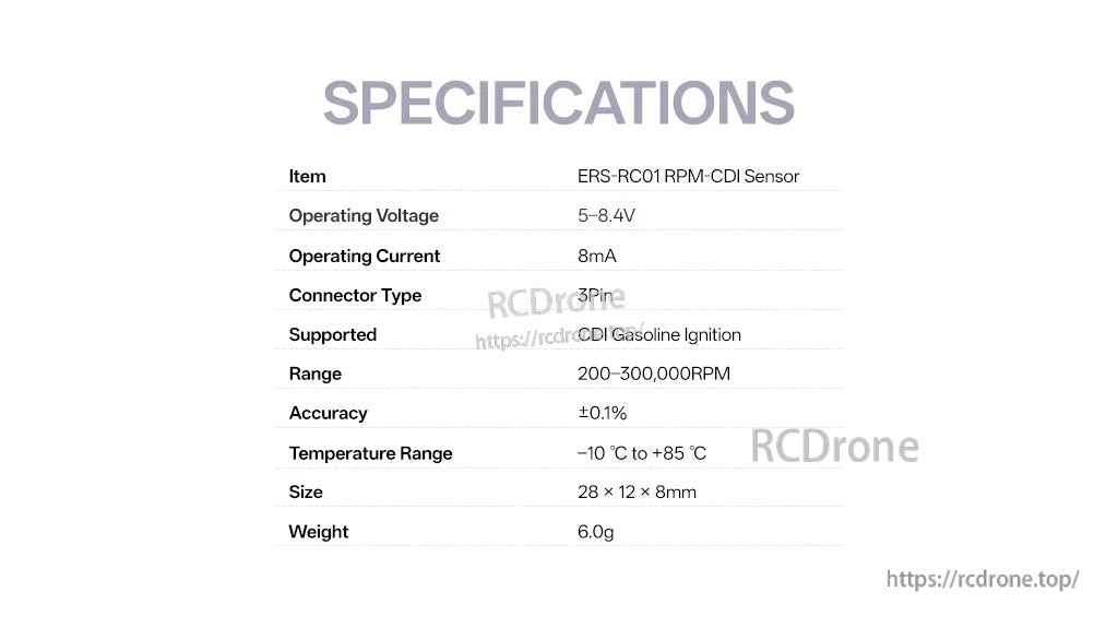 ERS-RC01 specifications table showing voltage, current, RPM range, accuracy, size, and weight
