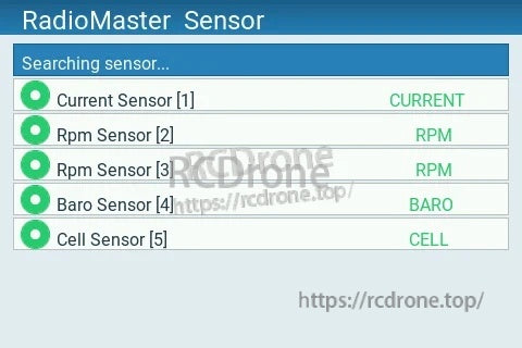 RadioMaster Sensor list screen with RPM sensor entries detected for telemetry setup