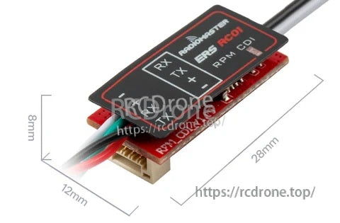 Close-up of ERS-RC01 module with labeled dimensions 28 x 12 x 8 mm and 3-pin connector