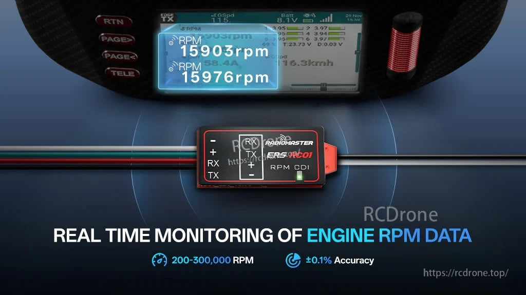 ERS-RC01 connected with live engine RPM telemetry values displayed on an EdgeTX radio screen