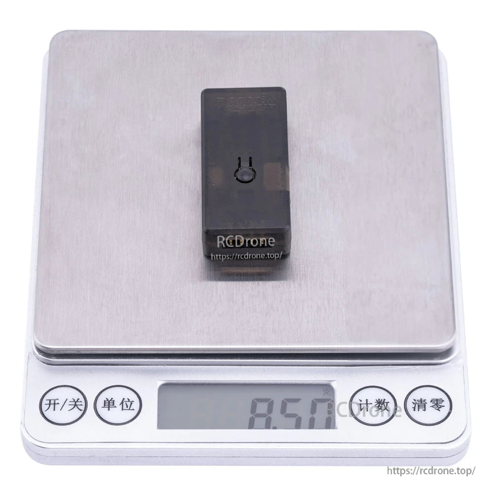 RadioMaster flasher module on digital scale showing 8.50 g weight reading