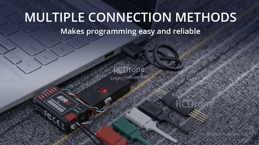 Multiple connection accessories for the flasher including RM-CRSF cable, pogo probe and UART leads